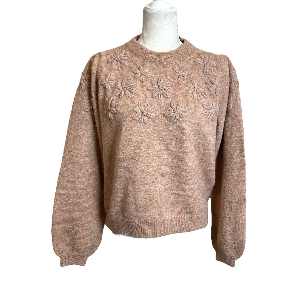 Polagram The Liza Floral Grandma Sweater Women's Tan w/Floral Embroidery Medium - Picture 2 of 12